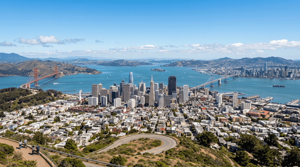 Aerial view of San Francisco downtown with the Golden Gate Bridge on the left and Bay Bridge on the right