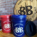 Berk's Beans First Responders Coffee Bucket - red and blue 5-gallon refillable gourmet coffee bean buckets with Airscape lid