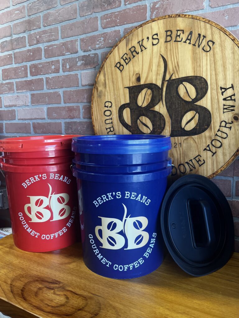 Berk's Beans First Responders Coffee Bucket - red and blue 5-gallon refillable gourmet coffee bean buckets with Airscape lid